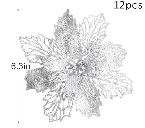 12 Glitter Poinsettia Flowers 6.3&#x27;&#x27; Artificial White Christmas Flowers Flowers for a Christmas Tree 12 Green Flower Stem Wreath Tree Ornaments