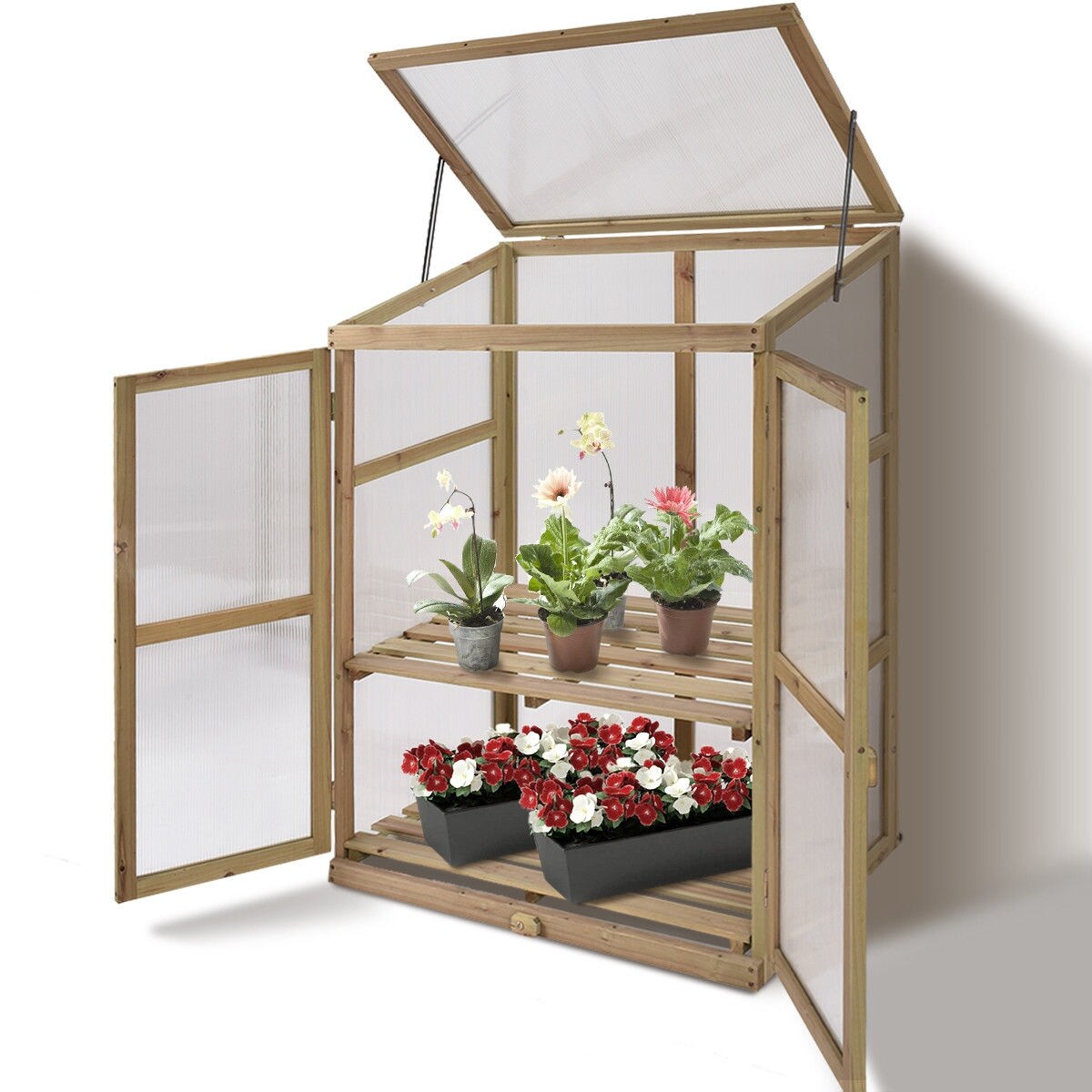 Garden Portable Wooden Raised Plants Greenhouse with Double Shelves