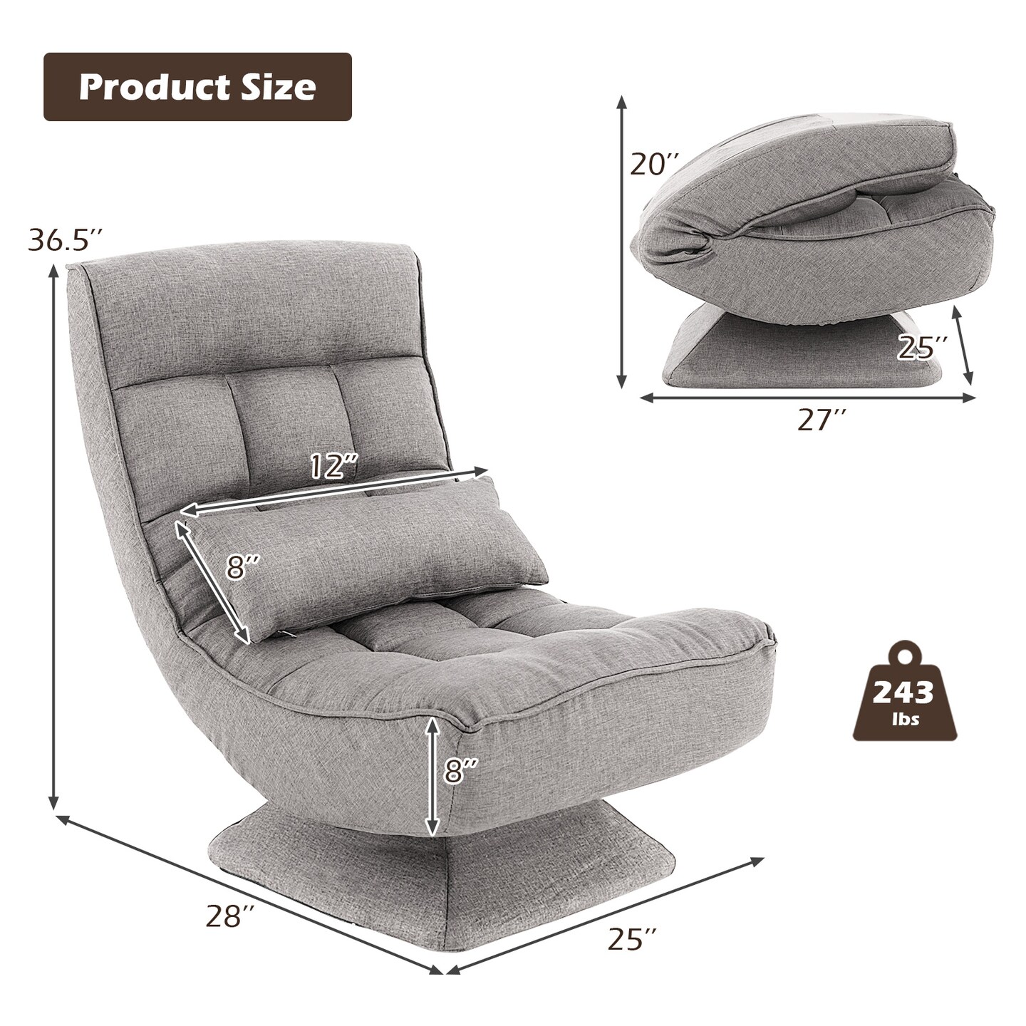 5-Level Adjustable 360&#xB0; Swivel Floor Chair with Massage Pillow