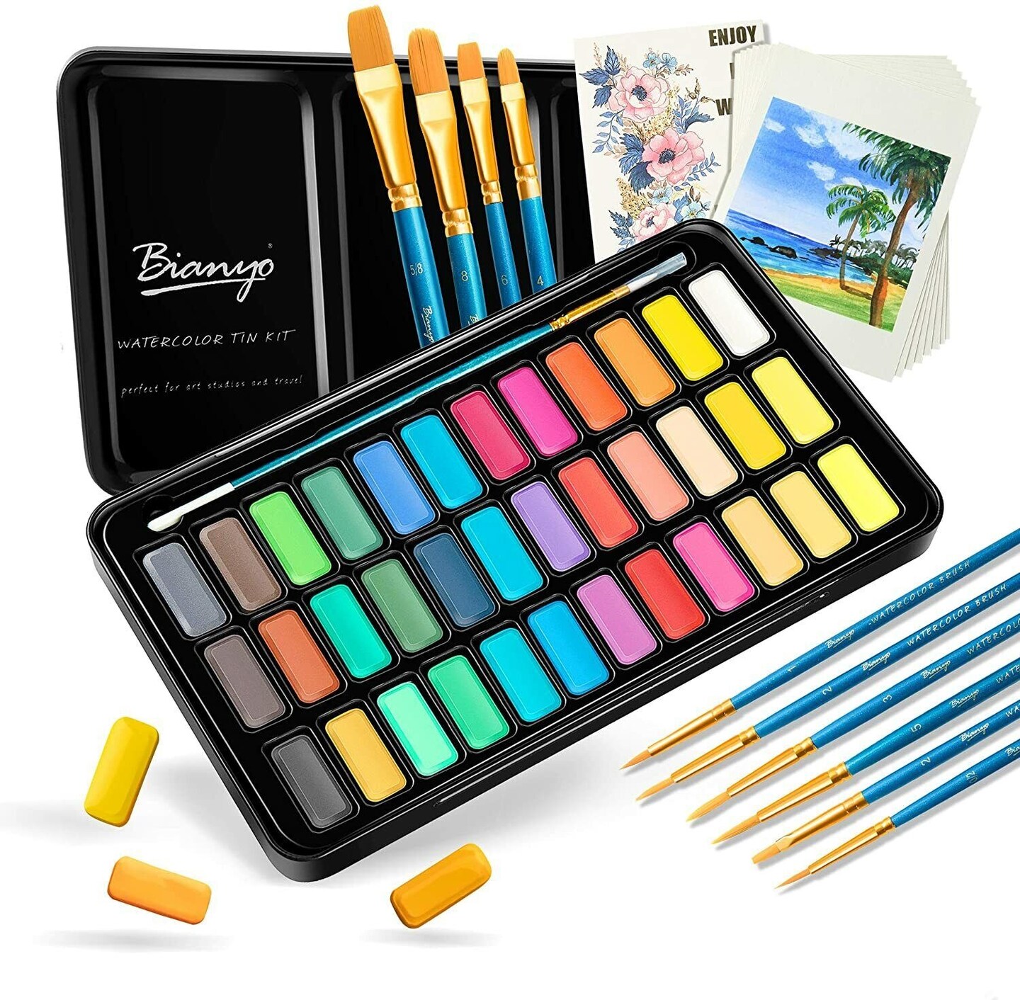 36 Vibrant Watercolor Paints with Paper and Brushes in Travel Case
