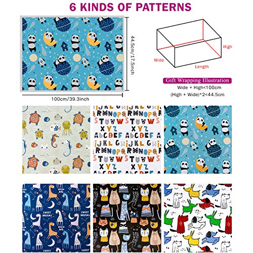 WRAPAHOLIC Wrapping Paper Sheet - Cute Animal Design for Birthday, Holiday, Party, Baby Shower - 1 Roll Contains 6 Sheets - 17.5 inch X 39.3 inch Per Sheet