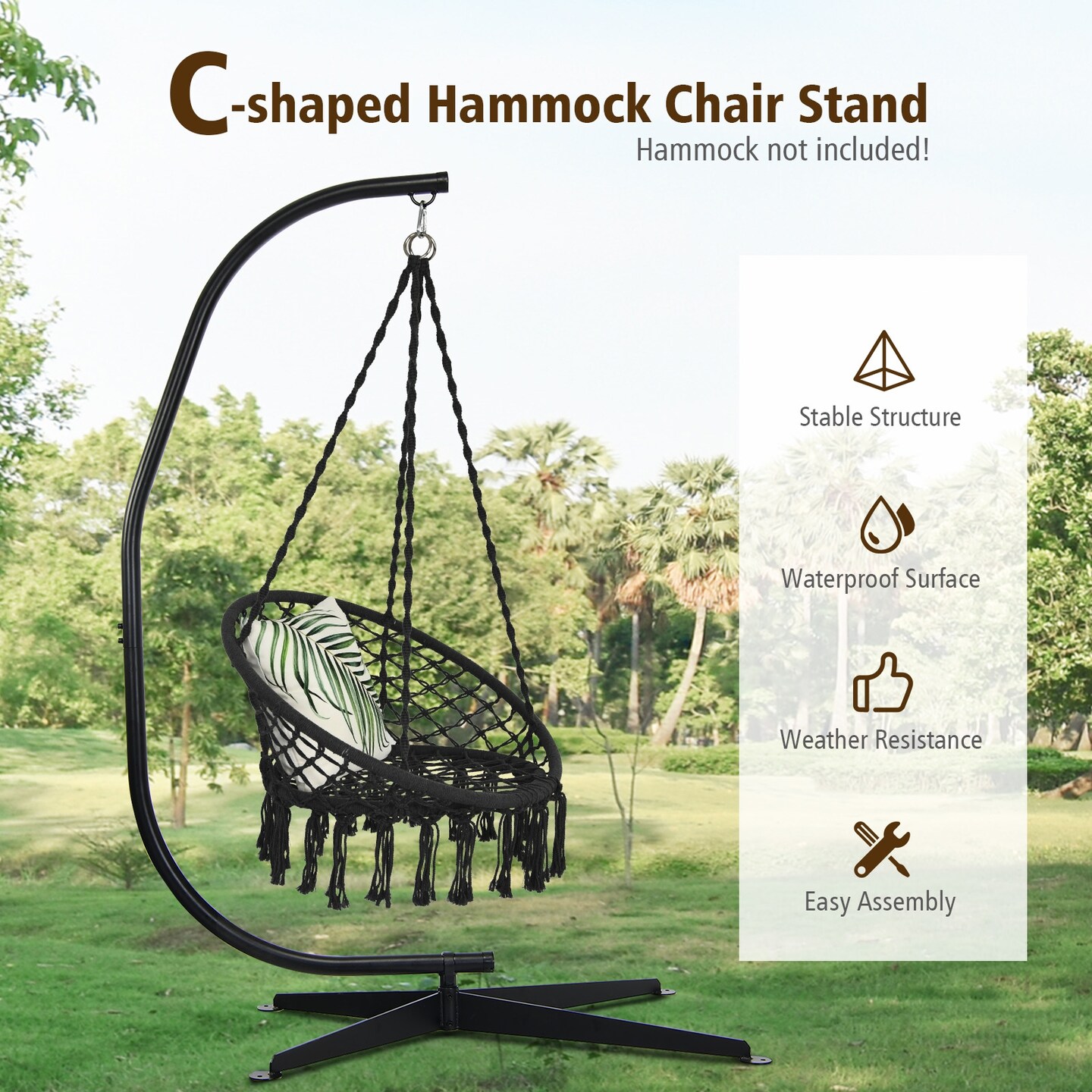 Black Solid Steel C Hammock Frame Stand with 360 Degree Rotation