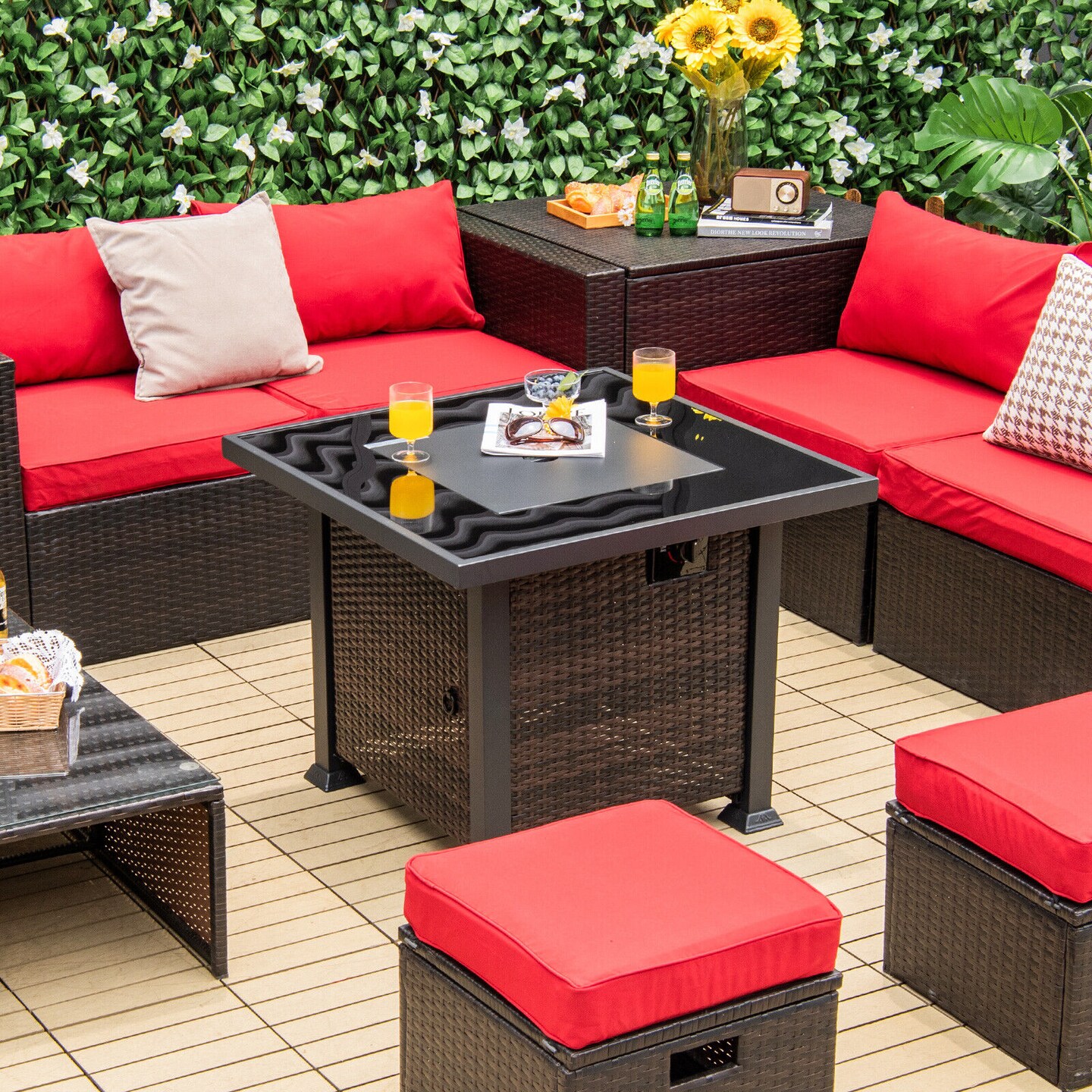 32 Inch Square Propane Fire Pit Table with Lava Rocks Cover