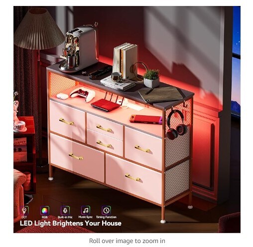Pink Fabric Chest of Drawers with PU Finish, Six Drawers with Side Pockets and Hooks, Wide Dresser with Shelves for 45&#x22; TV, TV Stand for Bedroom with Power Outlets and LED Lighting