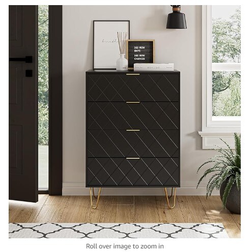 Black diamond drawer dresser for bedroom, living room, closet, and hallway; tall storage dresser chest cabinet organizer unit with metal legs