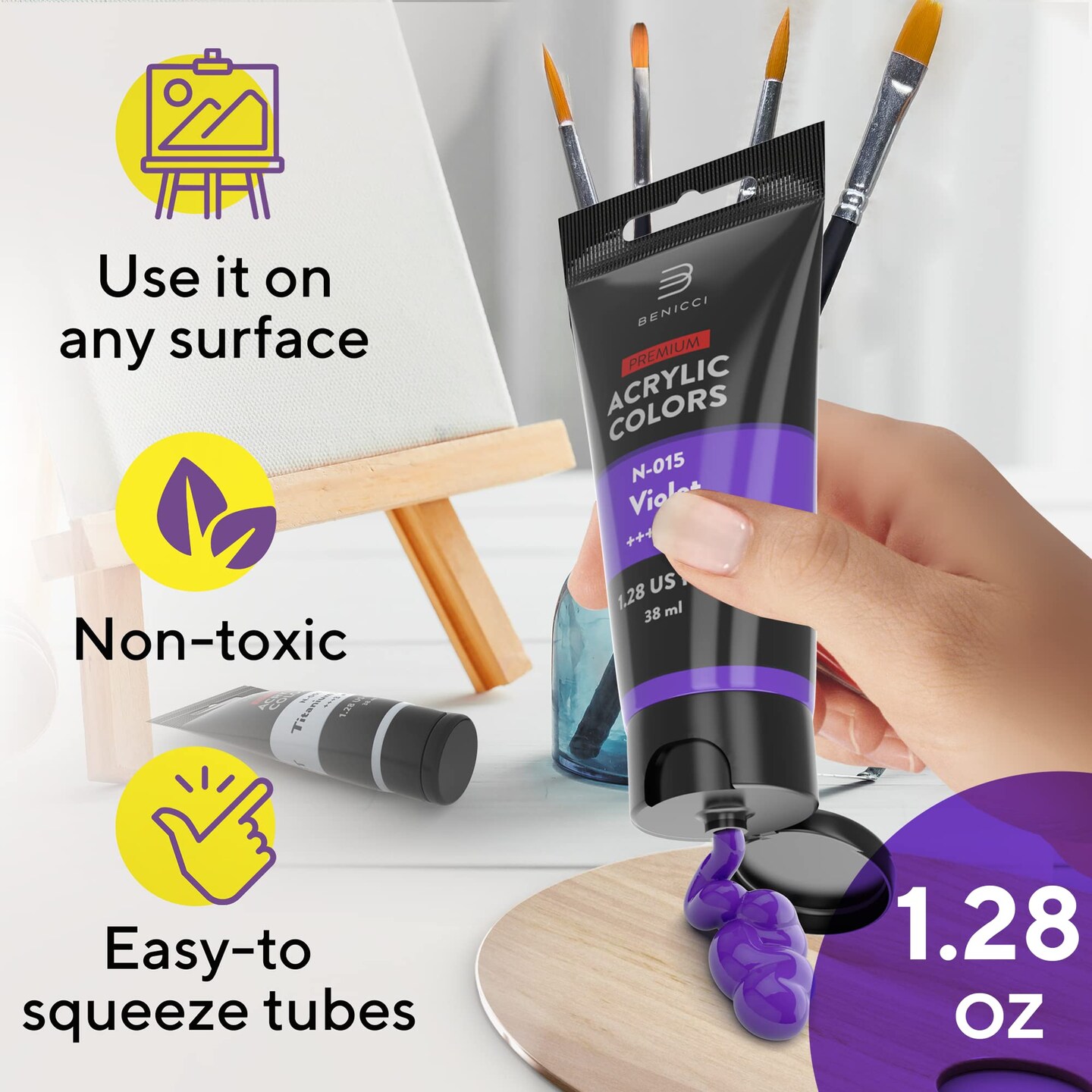 24 Colors Premium Quality Acrylic Paint Set - 1.28oz (38ml) - with 6 Nylon Brushes - Safe for Kids & Adults - Perfect Kit for Beginners, Pros & Artists to Create Amazing Paintings and Artwork