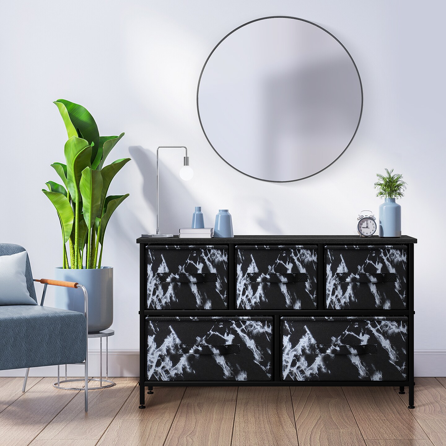 Sorbus Dresser with 5 Drawers - Storage Chest Organizer Unit with Steel Frame, Wood Top, Easy Pull Fabric Bins - Long Wide TV Stand for Bedroom Furniture, Hallway, Closet & Office Organization