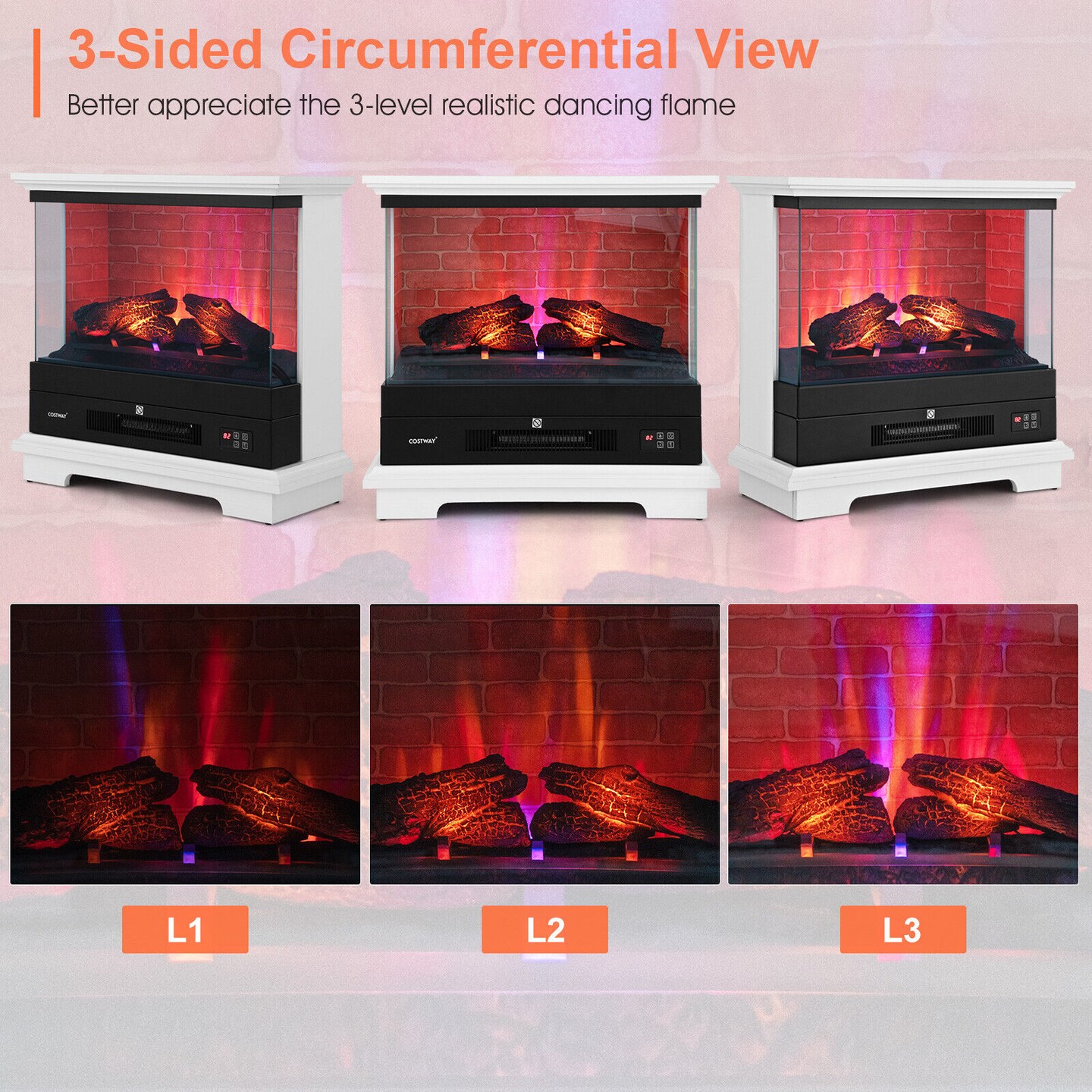 Freestanding Electric Fireplace with 3-Level Vivid Flame Thermostat