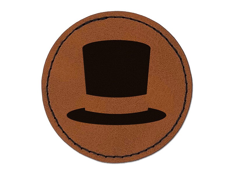 Top Hat Round Iron-On Engraved Faux Leather Patch Applique - 2.5"