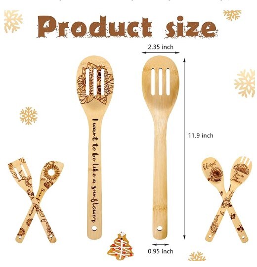 Sunflower Wooden Spoons Set of 5 Burned Cooking Utensil