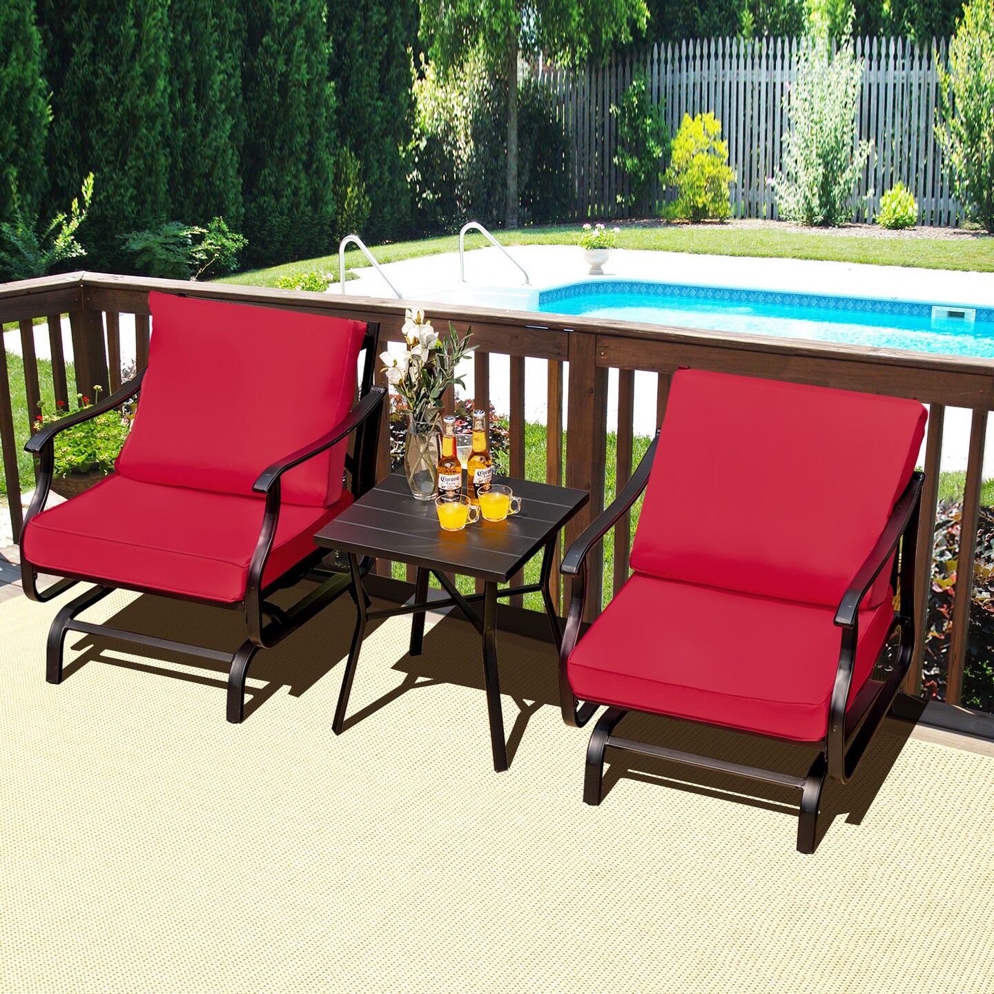 Red Glider Chair Set With Coffee Table 3-Piece Outdoor Patio Steel Frame Cushions
