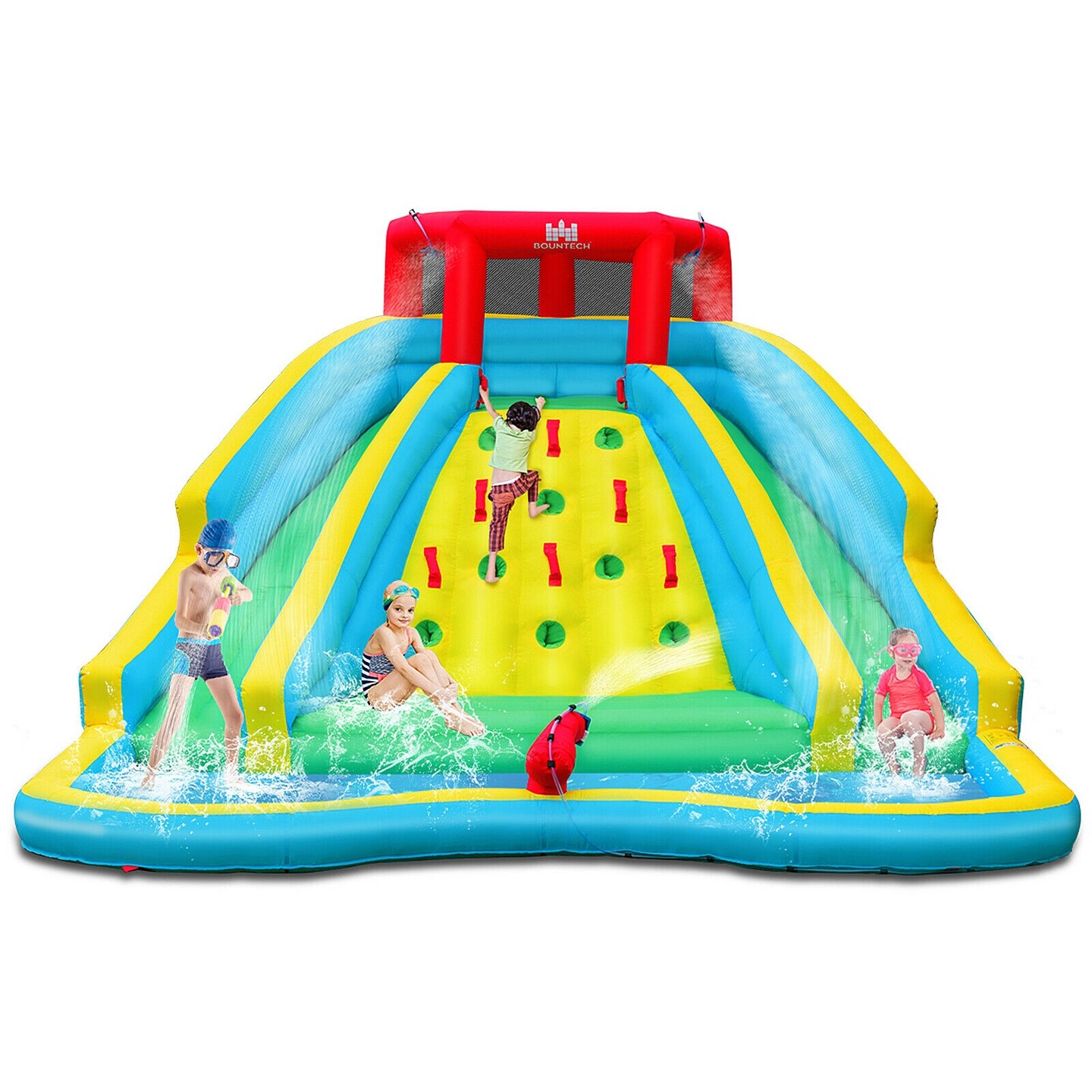 Kids Backyard Water Park Slide Bouncer 2 Curved Slides Splash Pool 3-8 Yrs