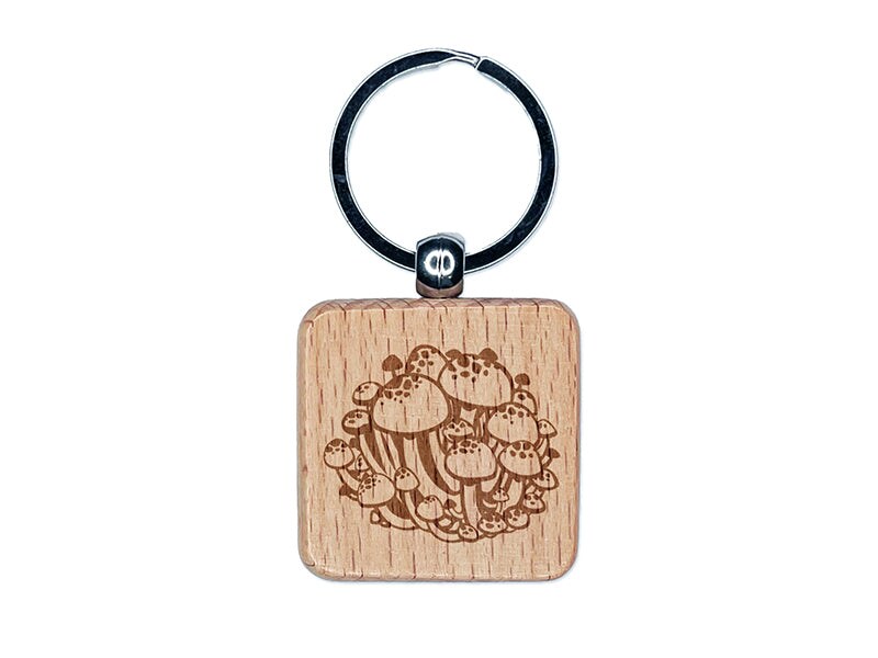Cluster of Beech Clamshell Mushrooms Fungus Fungi Engraved Wood Square Keychain Tag Charm
