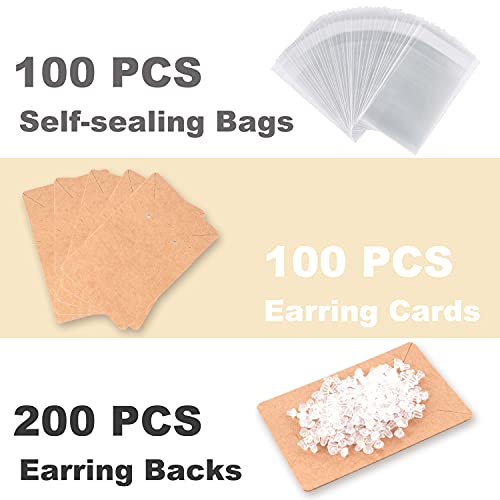 Earring Display Cards with 100 Pcs Earring Holder Cards 200 Pcs Earring Backs and 100 Jewelry Packaging for Earrings Necklace Jewelry Bags 3.5x2.4 Inches (Brown)