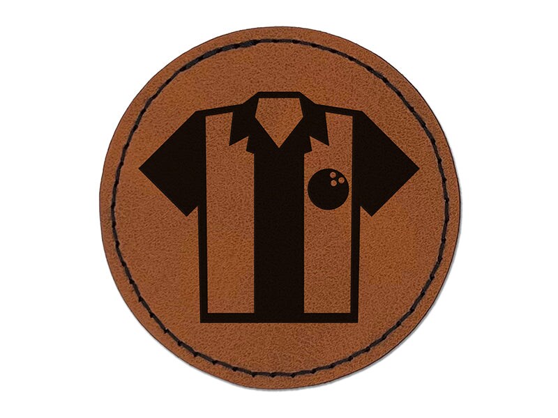Bowling Shirt Striped Retro Style Round Iron-On Engraved Faux Leather Patch Applique - 2.5&#x22;