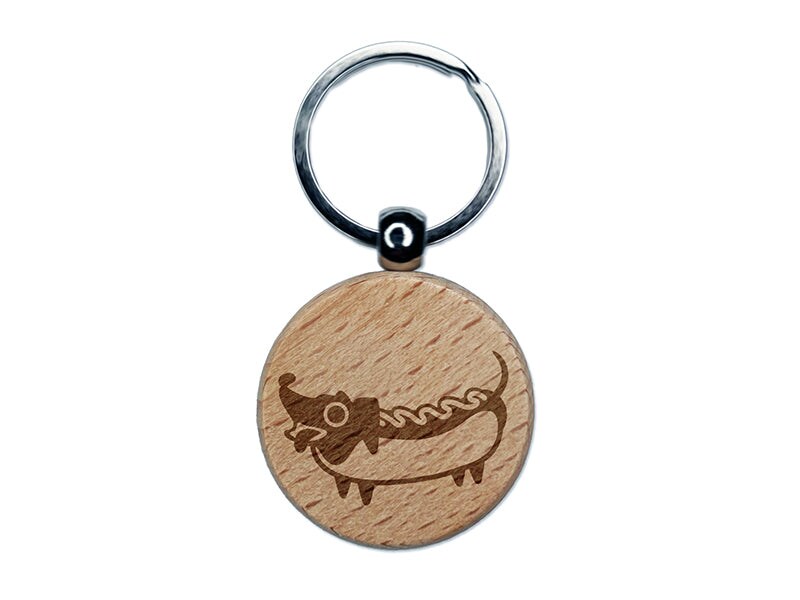 Dachshund Wiener Dog Hotdog Engraved Wood Round Keychain Tag Charm