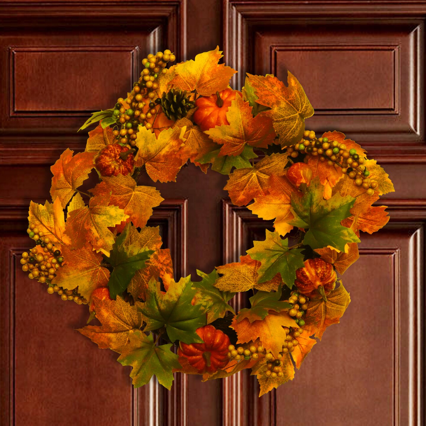 Fall Maple Leaf Wreath: 20&#x22; Wide, with Pumpkins &#x26; Berries by Floral Home&#xAE;
