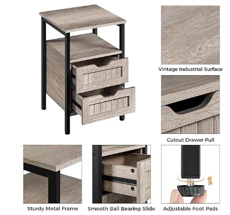 Bedside Table Bedside Cupboard with Adjustable Feet, Wooden Bedside Cabinet Sofa Side Table End Table for Bedroom/Small Space, Gray