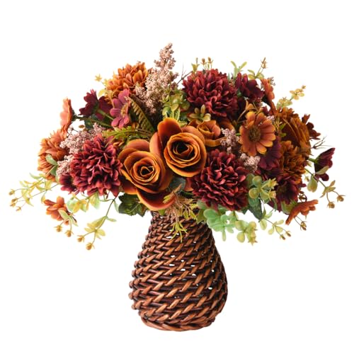 Homsunny Artificial Flowers in Vase, Silk Flowers Arrangements, Fake Rose Bouquets in Handmade Rattan Vase for Home Office Dinning Room Table Kitchen Desktop Decoration (Brown)