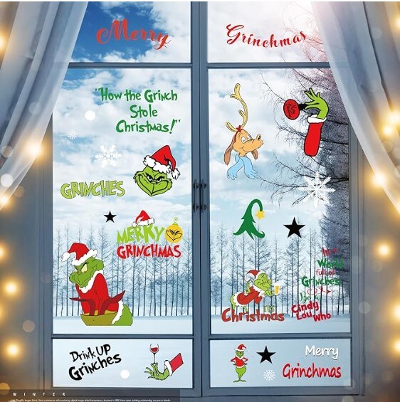 120 Cute Grinch Christmas Double Window Clings - Festive Decorations for Home, School, and Office - 10 Sheets of Christmas Window Stickers - Ideal for Christmas Party Supplies