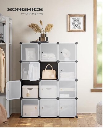 Cube Storage with Door, Black and White, Set of 12 Plastic Cubes, Closet Storage Shelves, DIY Plastic Closet Cabinet, Modular Bookcase, Shelving with Doors for Bedroom, Living Room
