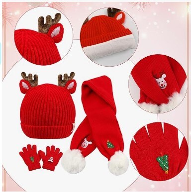 Winter Warm Set Xmas Tree Reindeer Hat Scarf Gloves for Toddler Boys Girls 1-8 Year Christmas Beanie Hat Scarf Gloves for Kids