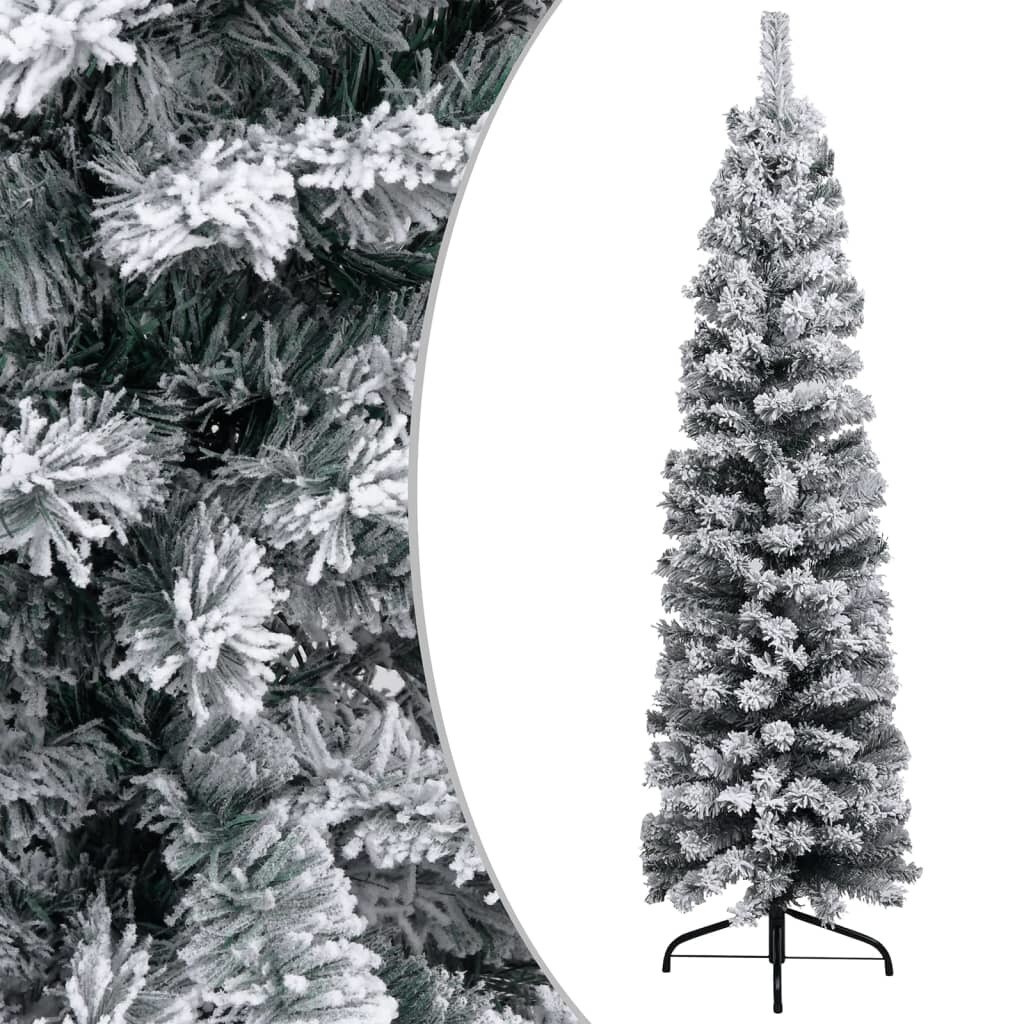 Slim Christmas Tree with LEDs&#x26;Ball Set&#x26;Flocked Snow Green