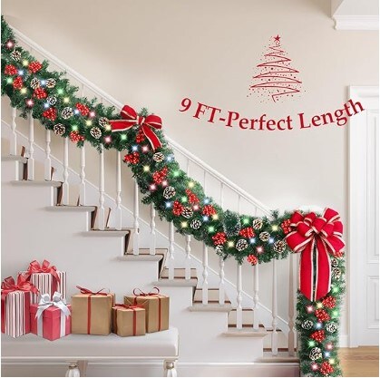 Pre-Lit Christmas Garland of 9 Light Modes with Timer, Battery-Operated Garland with Natural Decoration for Outdoors and Indoors, 9 Ft by 10 Inch Christmas Garland with 100 LED Lights,
