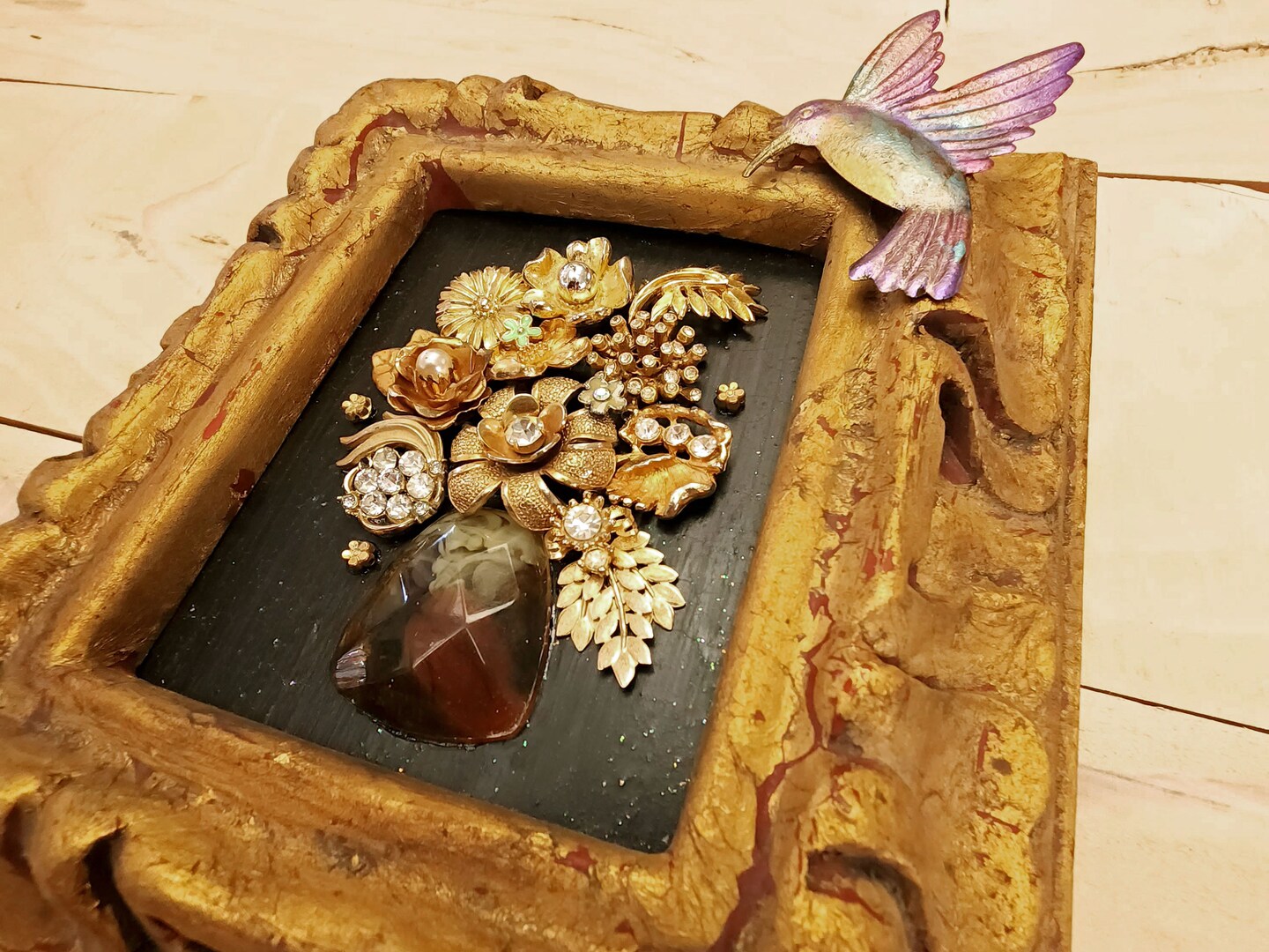 Vintage Framed Jewelry Art ~ Vase of Jeweled Flowers in Gold