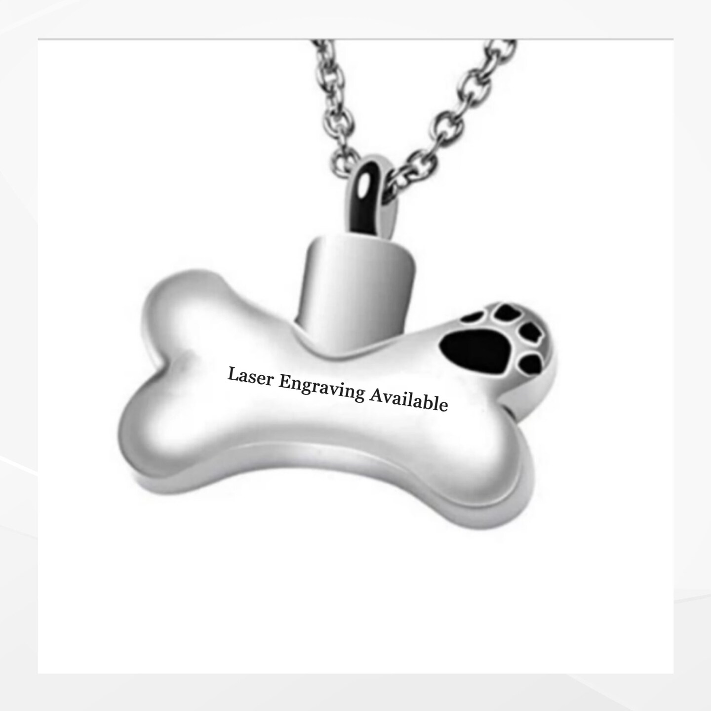 product name is Polished Silver "Dog Bone with Paw" Cremation Urn Necklace with Velvet Gift Pouch, 24" Steel Curb Chain and Fill Kit.