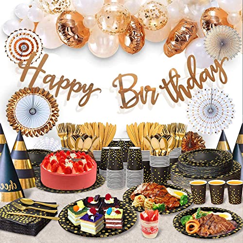 175 Pieces Black and Gold Party Supplies, Severs 25 Disposable Party Dinnerware Gold Plastic Forks Knives Spoons and Golden Dot Black Paper Plates Black Napkins Cups for New Years Graduation Birthday