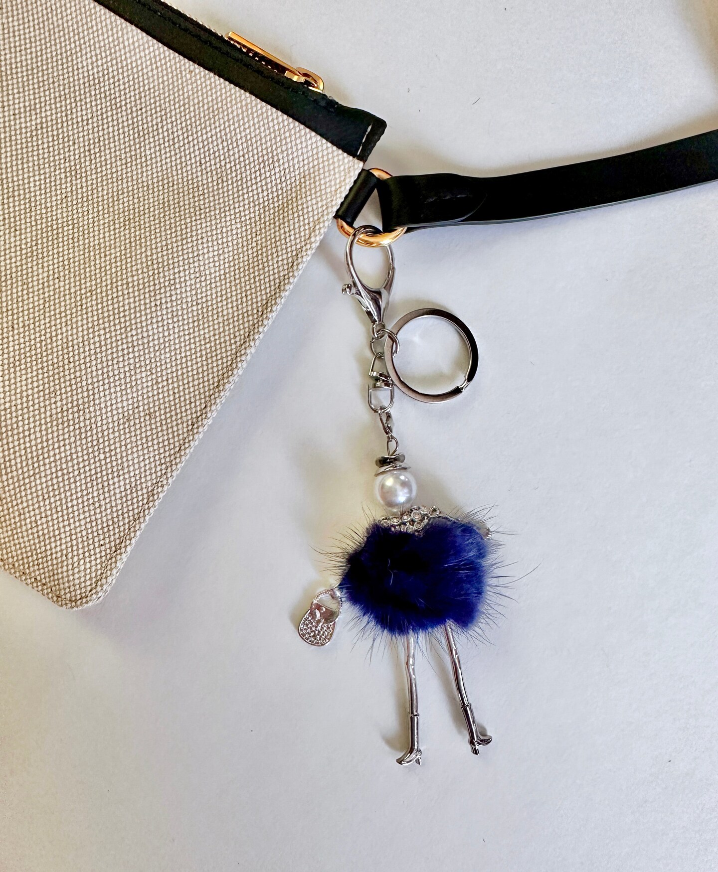 Wrapables Hanging Fashionista Doll Keychain, Crystal Rhinestone Keyring Bag Charm, Navy Pom Pom