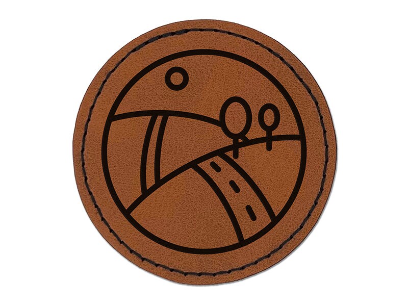 Hilly Roadscape Round Iron-On Engraved Faux Leather Patch Applique - 2.5&#x22;
