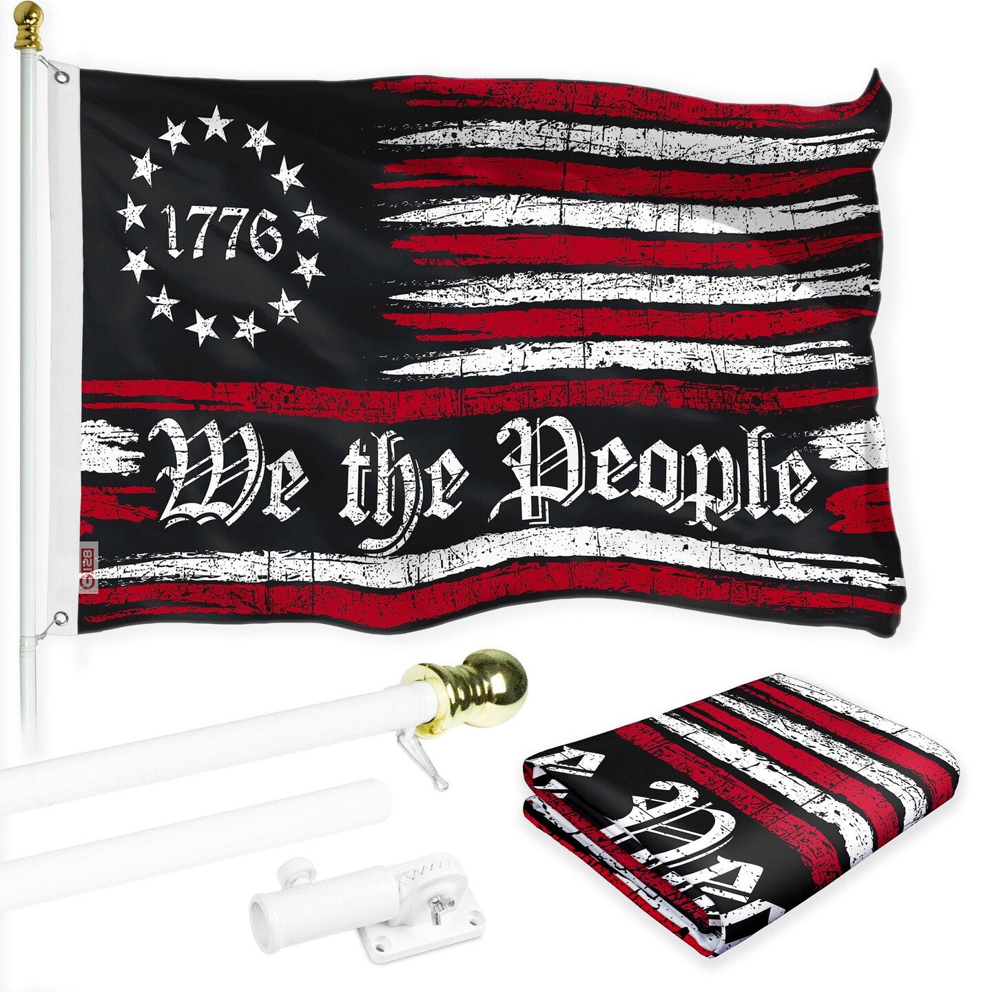 G128 Combo Pack: 6 Ft Tangle Free Aluminum Spinning Flagpole (White) &#x26; We the People American Flag 3x5 Ft, LiteWeave Pro Series Printed 150D Polyester | Pole with Flag Included