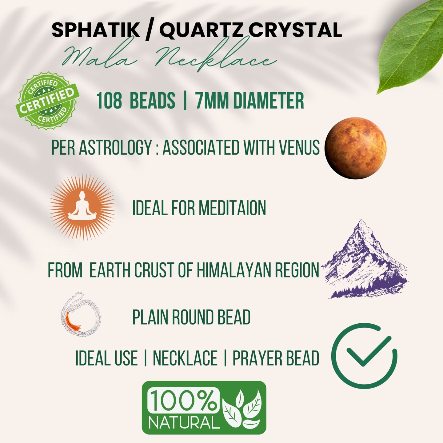Sphatik Mala with Jap Bag Gaumukhi Natural Certified Original Crystal Quartz Agate Necklace Precious Gemstone Mala for Men Women Jaap Mala 108 Beads for Positive Energy Meditation