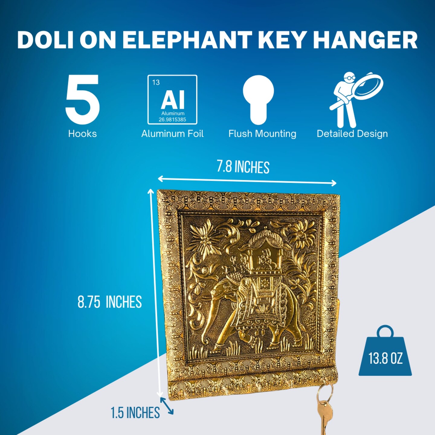 Key Holder Wall D&#xE9;cor Elephant Design Key Hooks for Wall Hanging Hand Crafted Decorative Showpiece Key Organizer Home Decor Wall Mounted 5 Hooks for Entryway Living Room Housewarming Gift