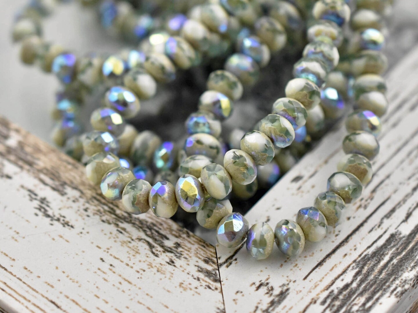 *30* 3x5mm Antique Silver AB Washed Blended Green/White Fire Polished Rondelle Beads