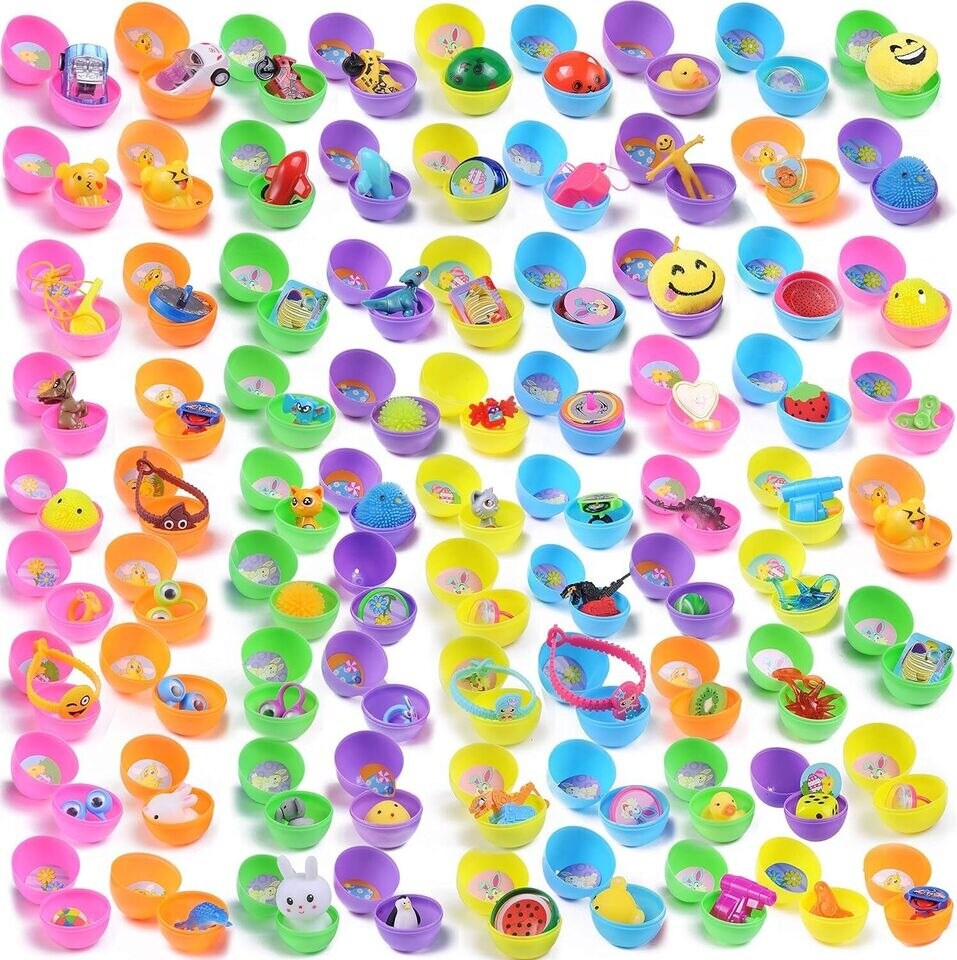 Prefilled Bright Colorful Easter Eggs with Toys and Stickers for Easter