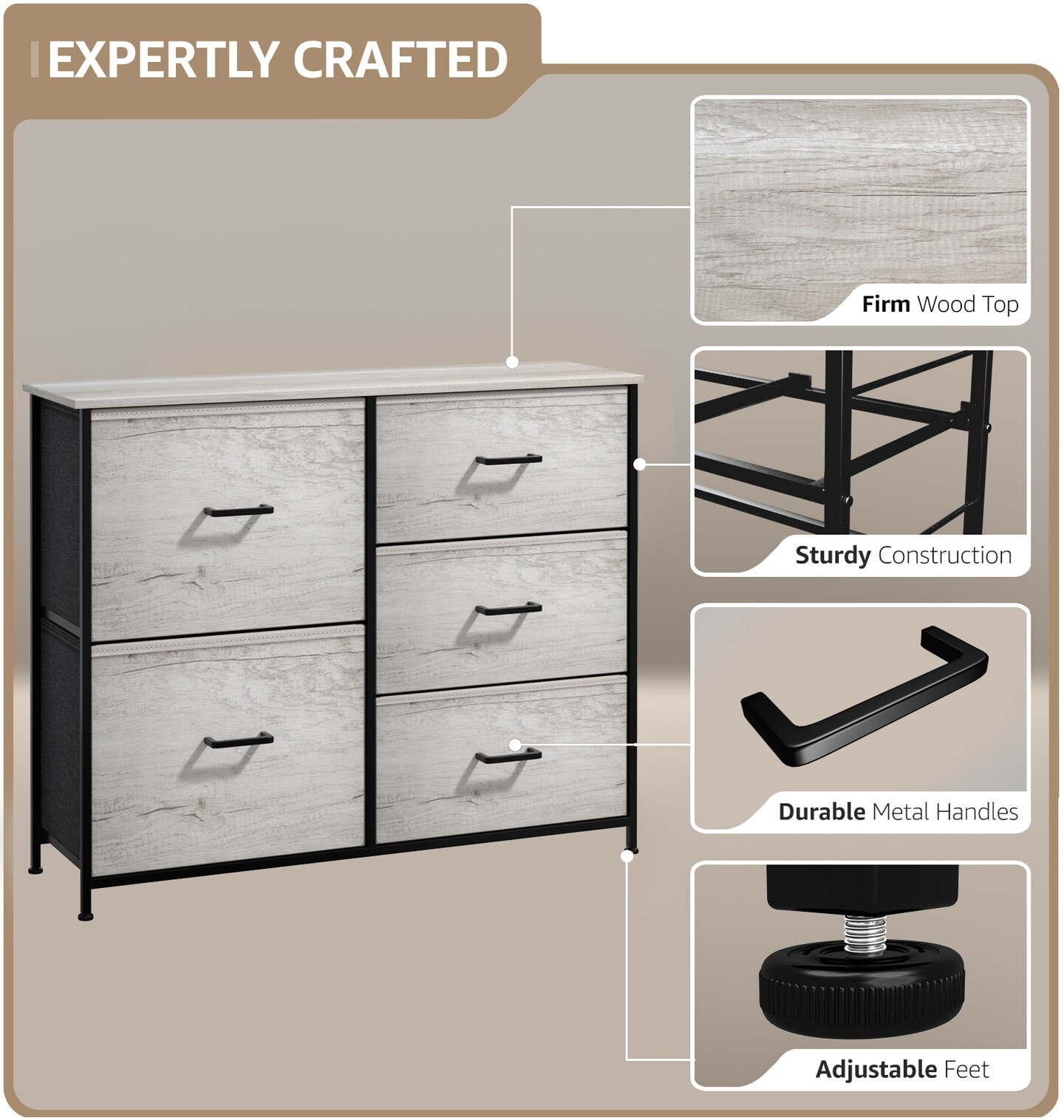 Sorbus Dresser with 5 Drawers - Storage Chest Organizer with Steel Frame, Wood Top, Handles, Fabric Bins