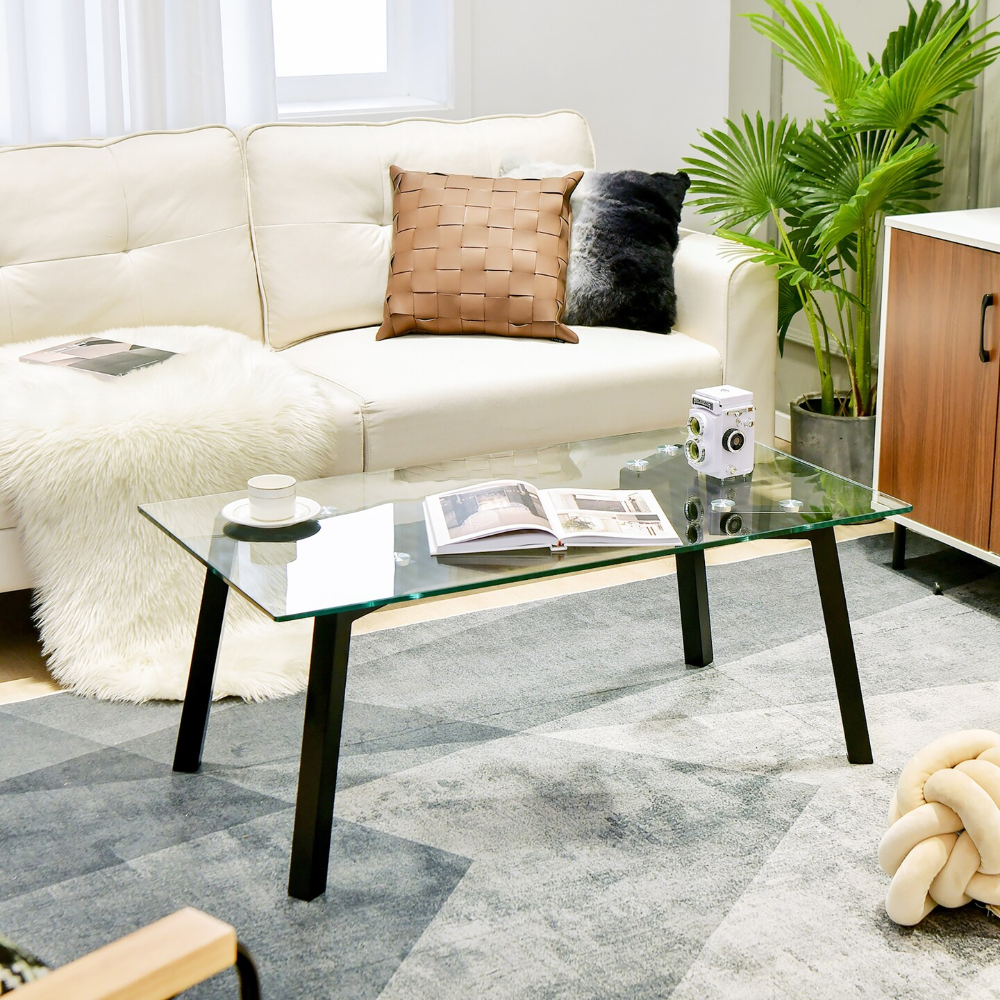 Costway Tempered Glass Coffee Table Modern Center Table with Metal Frame for Living Room