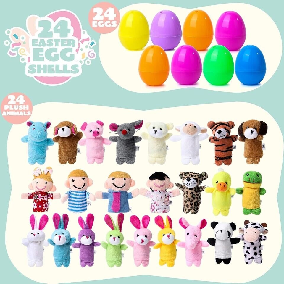 24 Pcs Easter Eggs Filled with Finger Puppets Prefilled Egg with Cartoon Animal