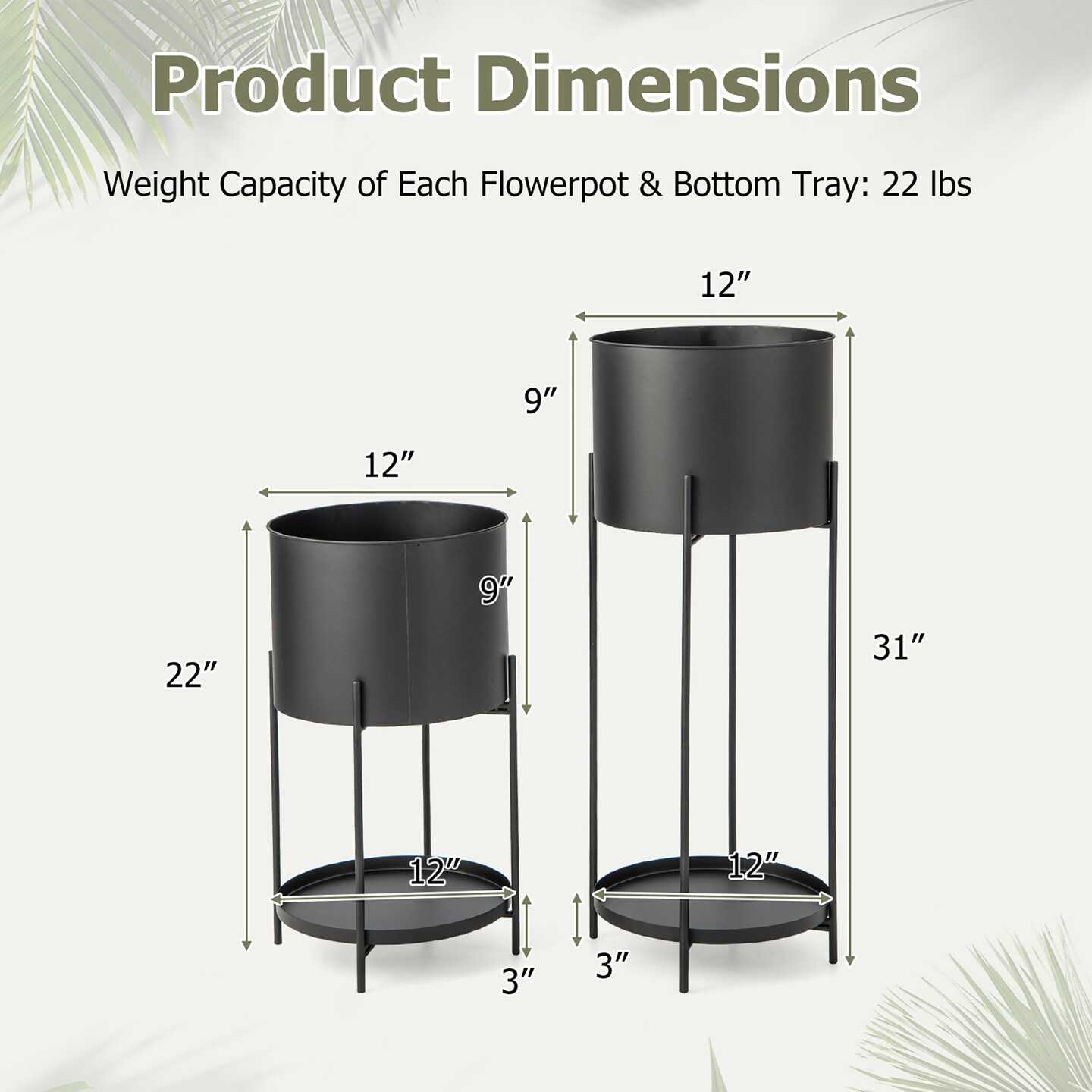 Costway 2 Metal Planter Pot Stand Modern Decorative Flowerpots Set with Drainage Holes