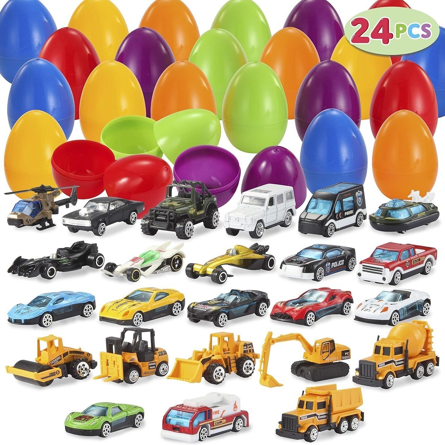 24 Pcs Prefilled Easter Eggs with Cars Vehicle Toys for Kids Easter Party Favor