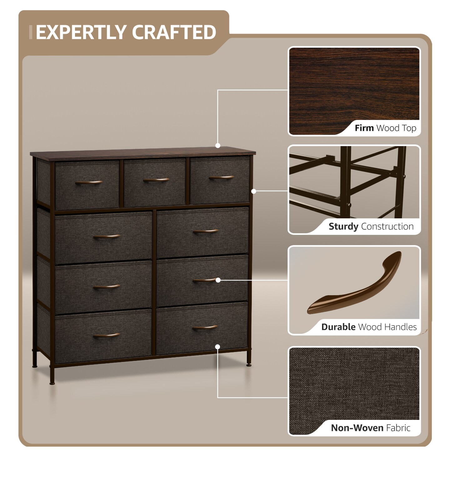 Sorbus Dresser with 9 Drawers - Furniture Storage Chest Tower Unit for Bedroom, Closet, etc - Steel Frame, Wood Top, Fabric Bins