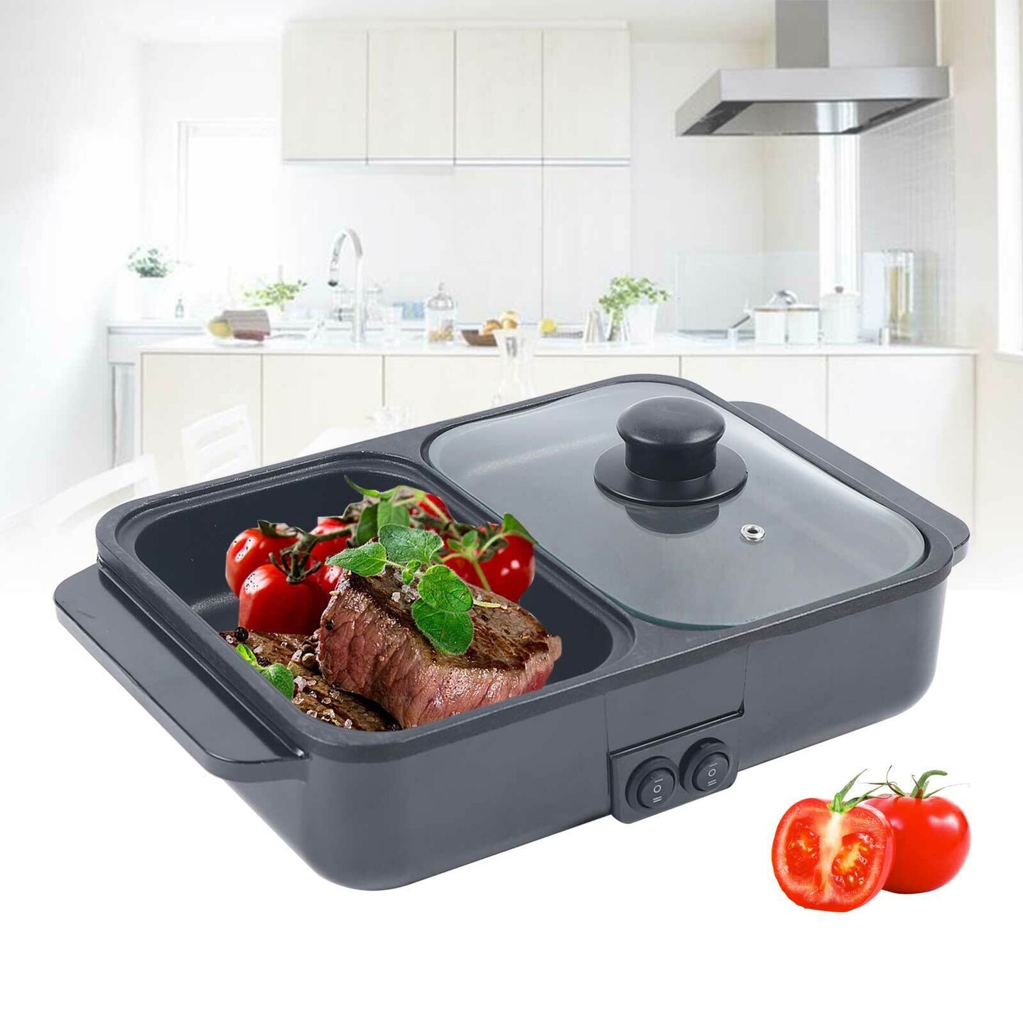 Kitcheniva Mini 2-IN-1 Electric Smokeless Shabu Hot Pot Cooking Pan 1200W