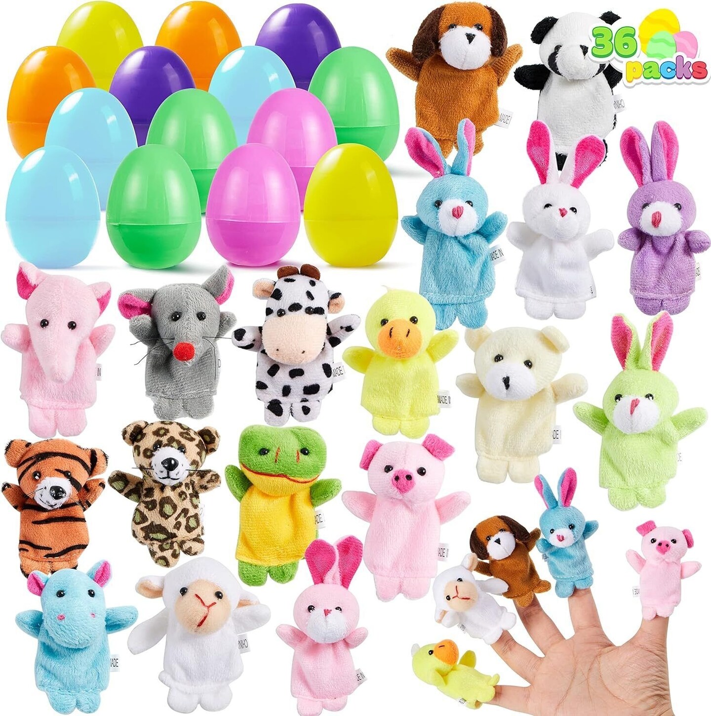 36 Pcs Pre-Filled Easter Eggs with Animal Finger Puppets for Toddlers and Kids