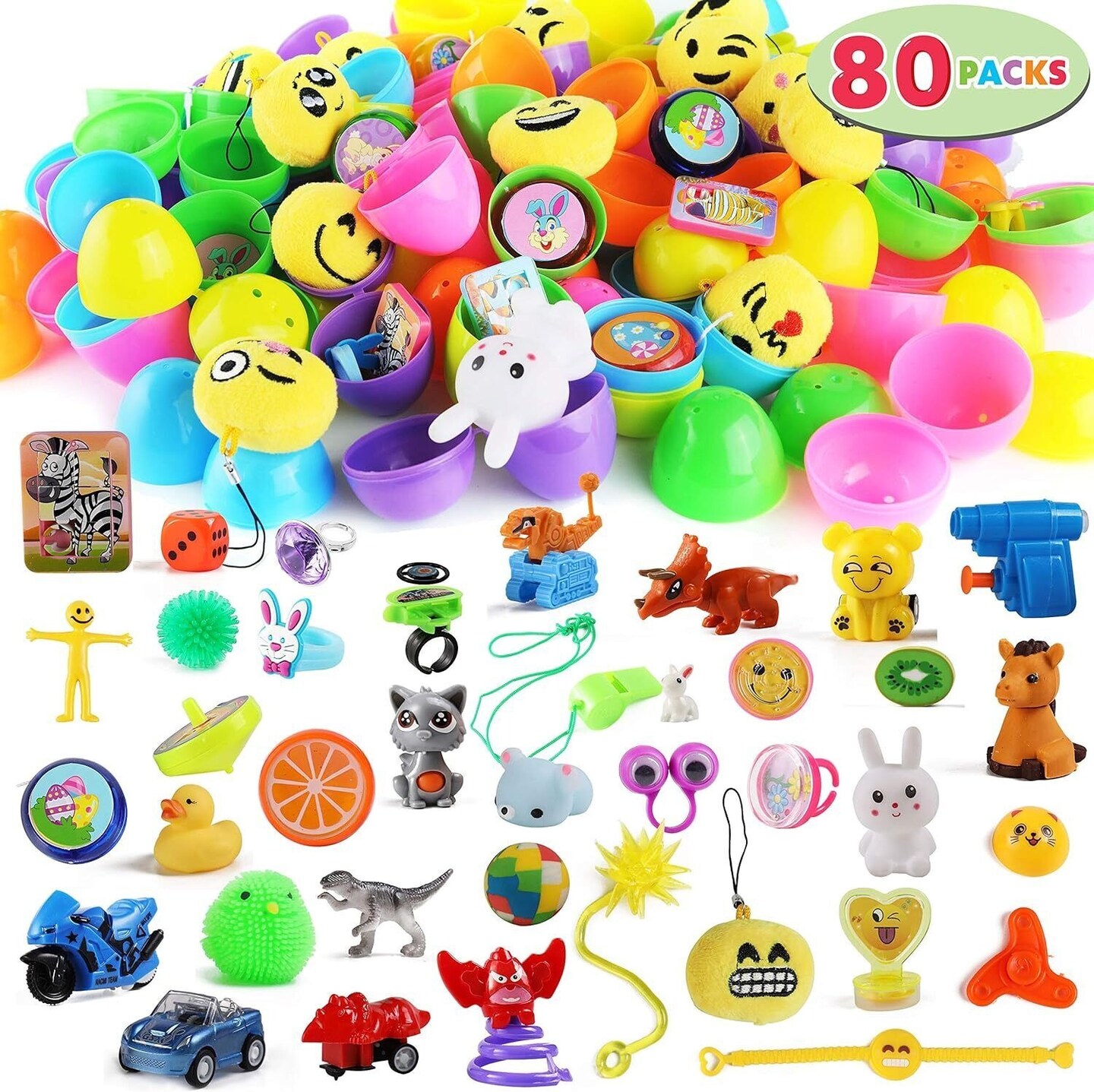Prefilled Bright Colorful Easter Eggs with Toys and Stickers for Easter