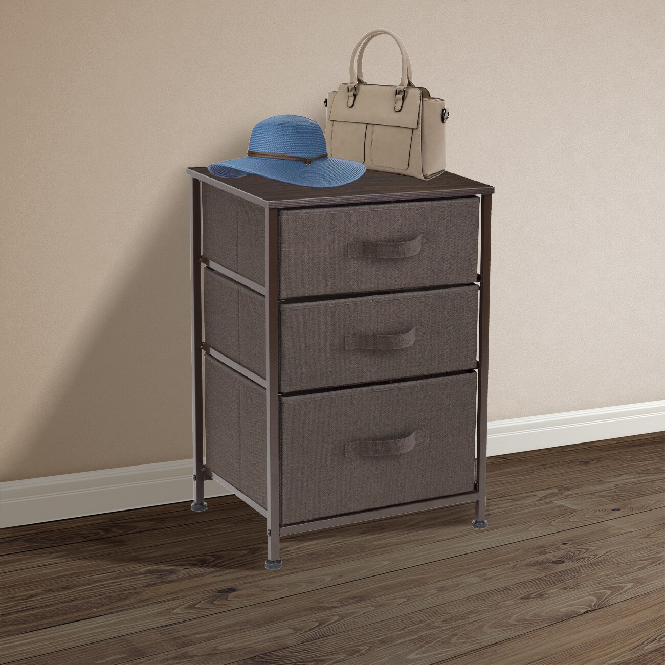 Sorbus Nightstand with 3 Drawers - Furniture Storage for Bedroom, Closet, Office Organization - Steel Frame, Wood Top, Pastel Fabric Bin