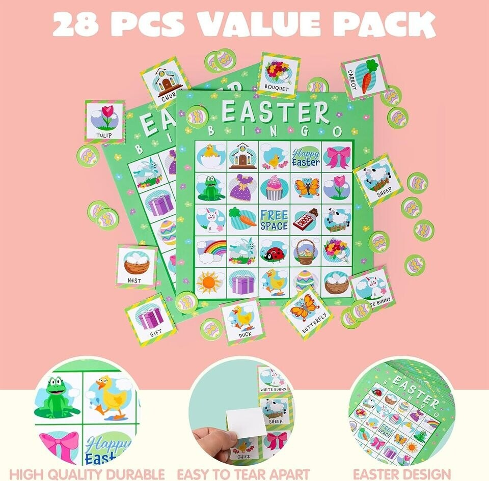 28 Players Easter Bingo Cards (5x5) for Easter Party Goodies Games Kids
