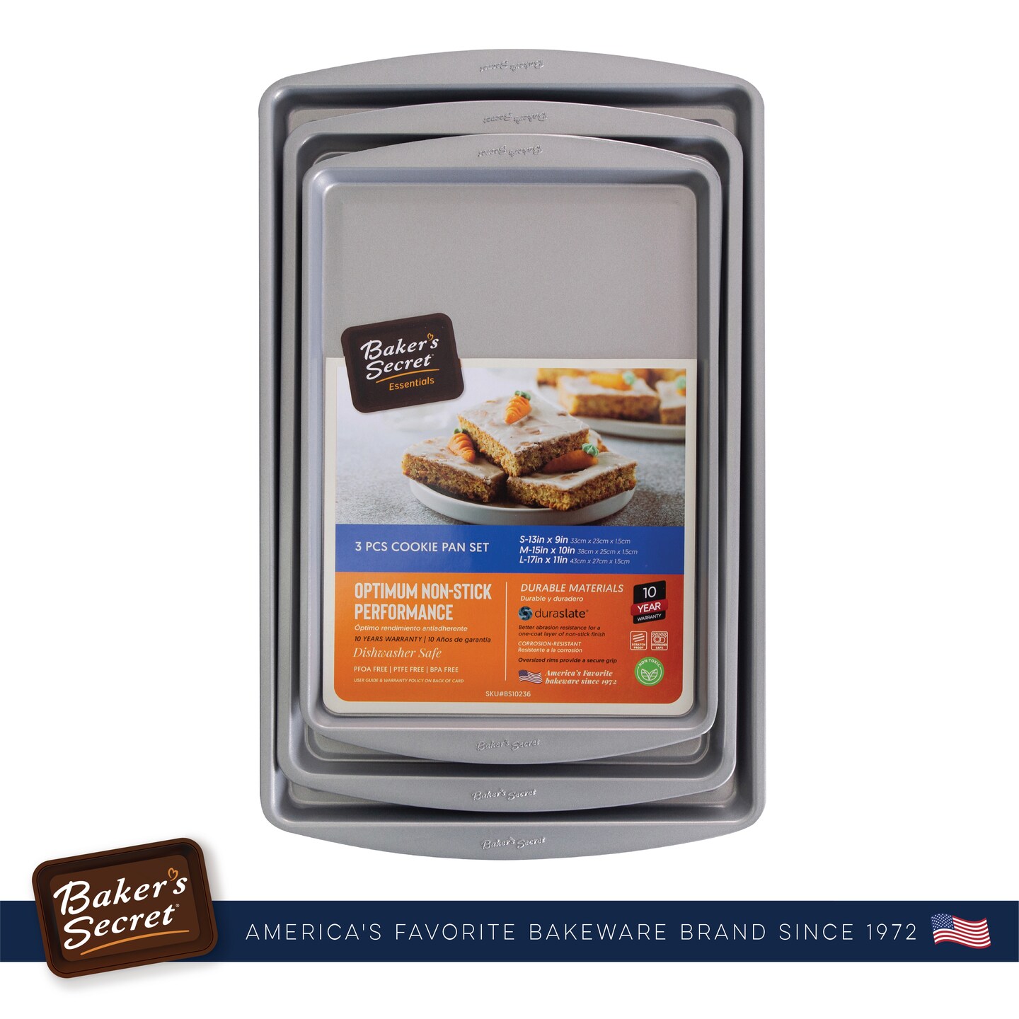 Baker's Secret Set of 3 Cookie Sheets, 15" 17" 19", Nonstick Coating for Easy Release, Cookie Trays for Baking Roasting Cooking, Dishwasher Safe DIY Home Baking Supplies - Essentials Collection